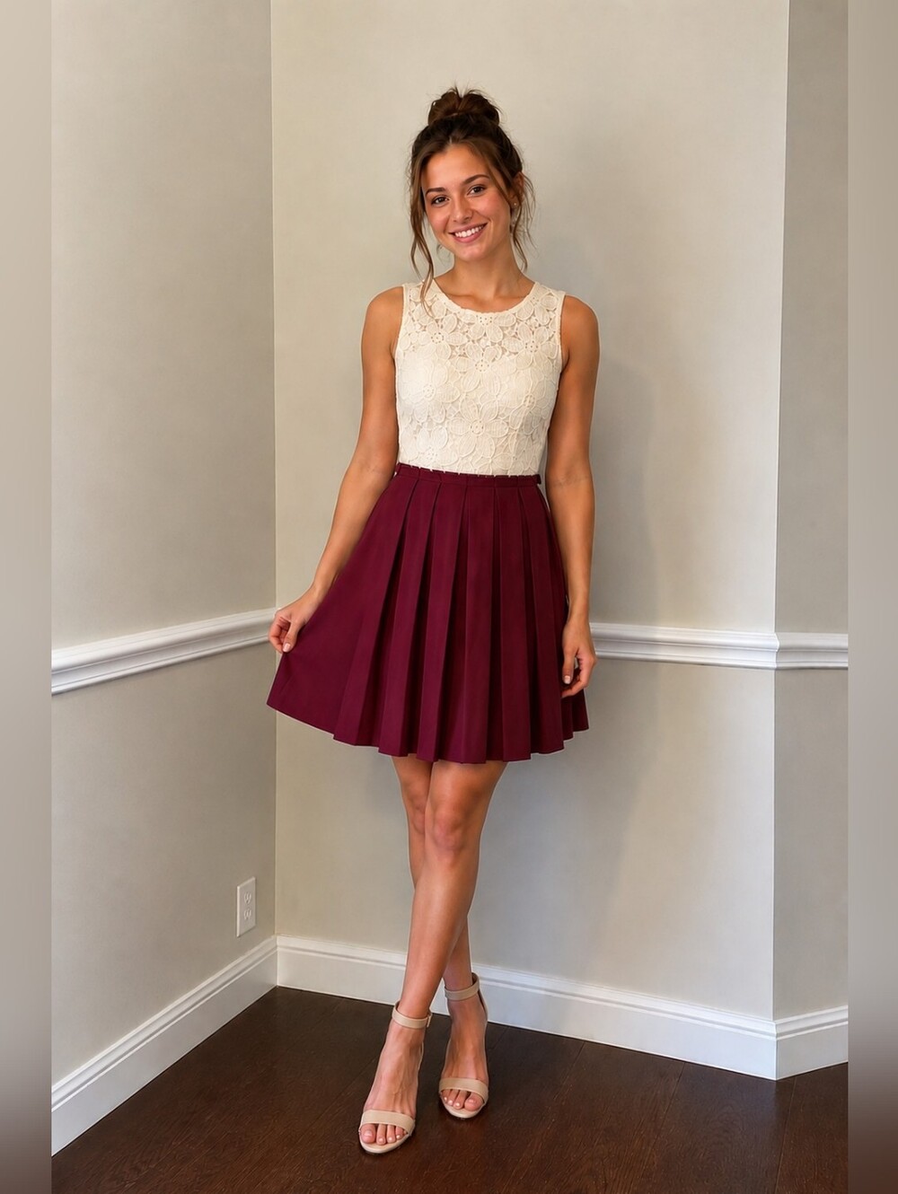 Altar'd State Lace Fit Flare Dress XS Burgundy Cream Wedding Guest Party